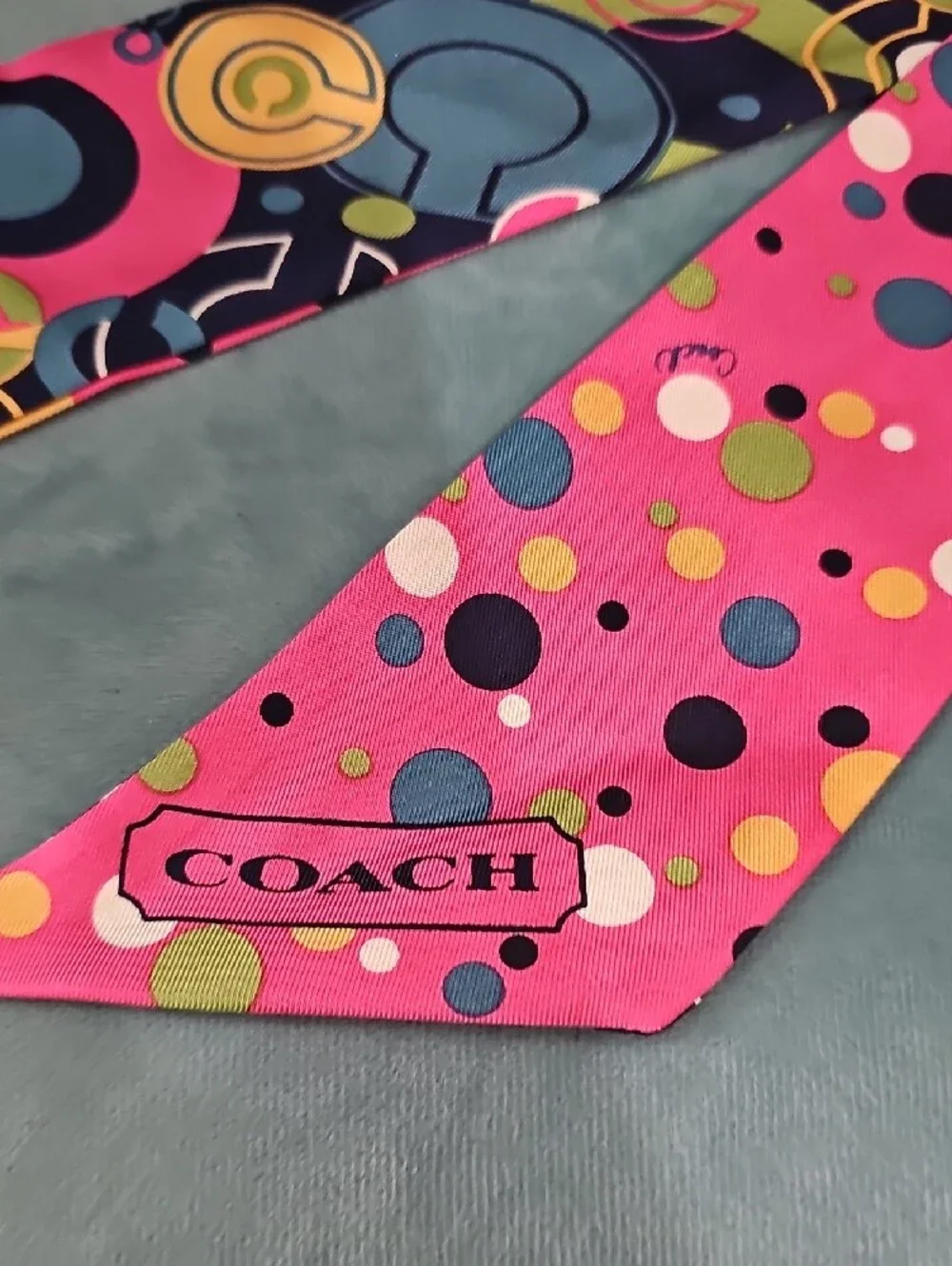 Coach Two-Tone Pink & Navy Polka Dot Silk Twilly